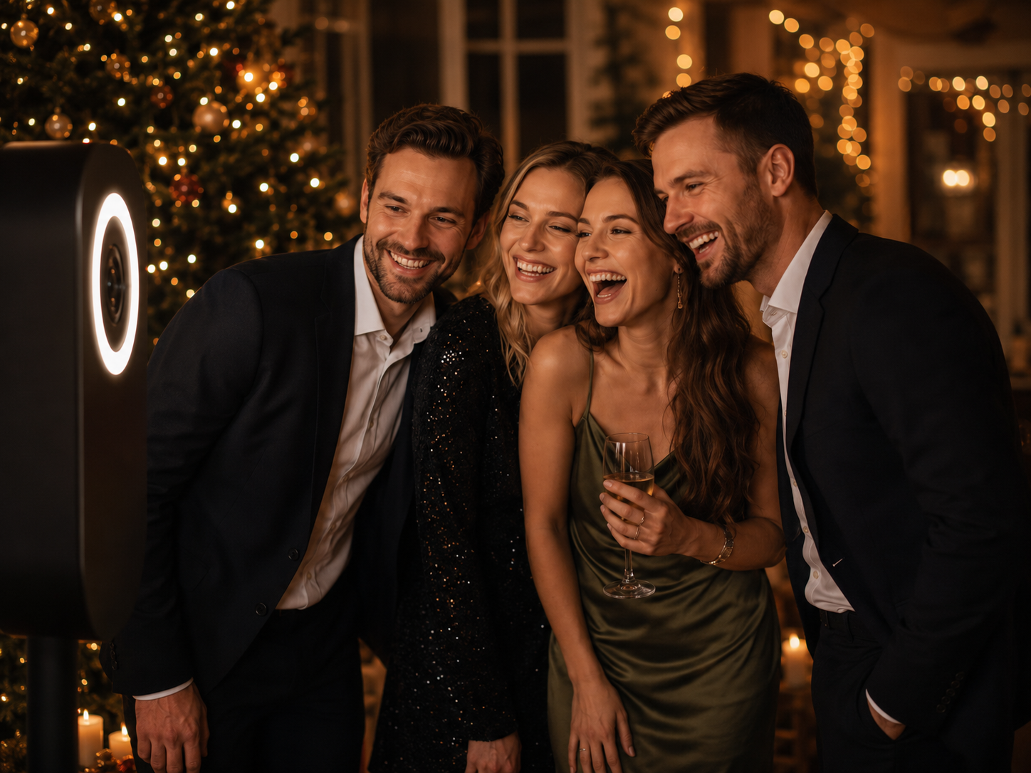 Kollegen lachen vor der Fotobox auf einer Weihnachtsfeier